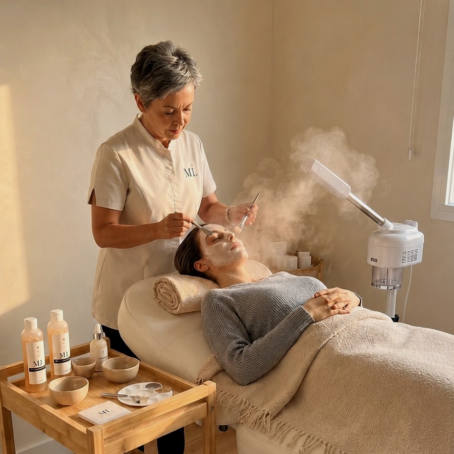 Mª Luisa Verdú aplicando una mascarilla a una clienta durante un tratamiento facial en la cabina del centro