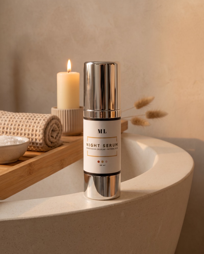 Night Serum ML, renovador celular con retinol, en el borde de una bañera junto a una vela